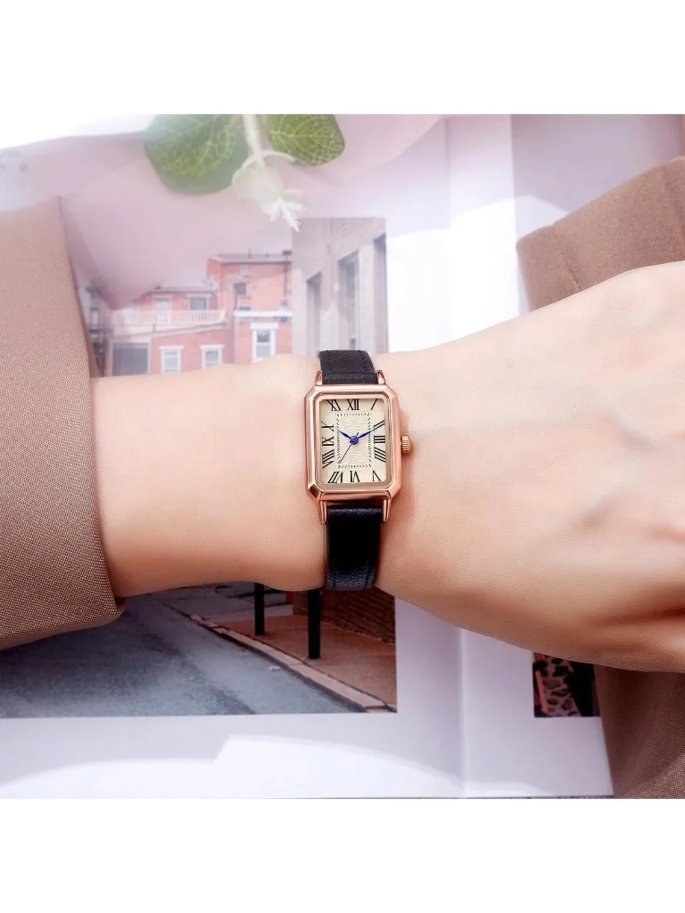 Women's Black Gold Leather Strap Elegant Dainty Vintage Rectangle Wrist Watch